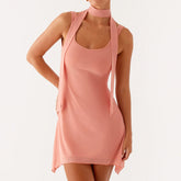 Peach Solid Strap Mini Dress with Scarf